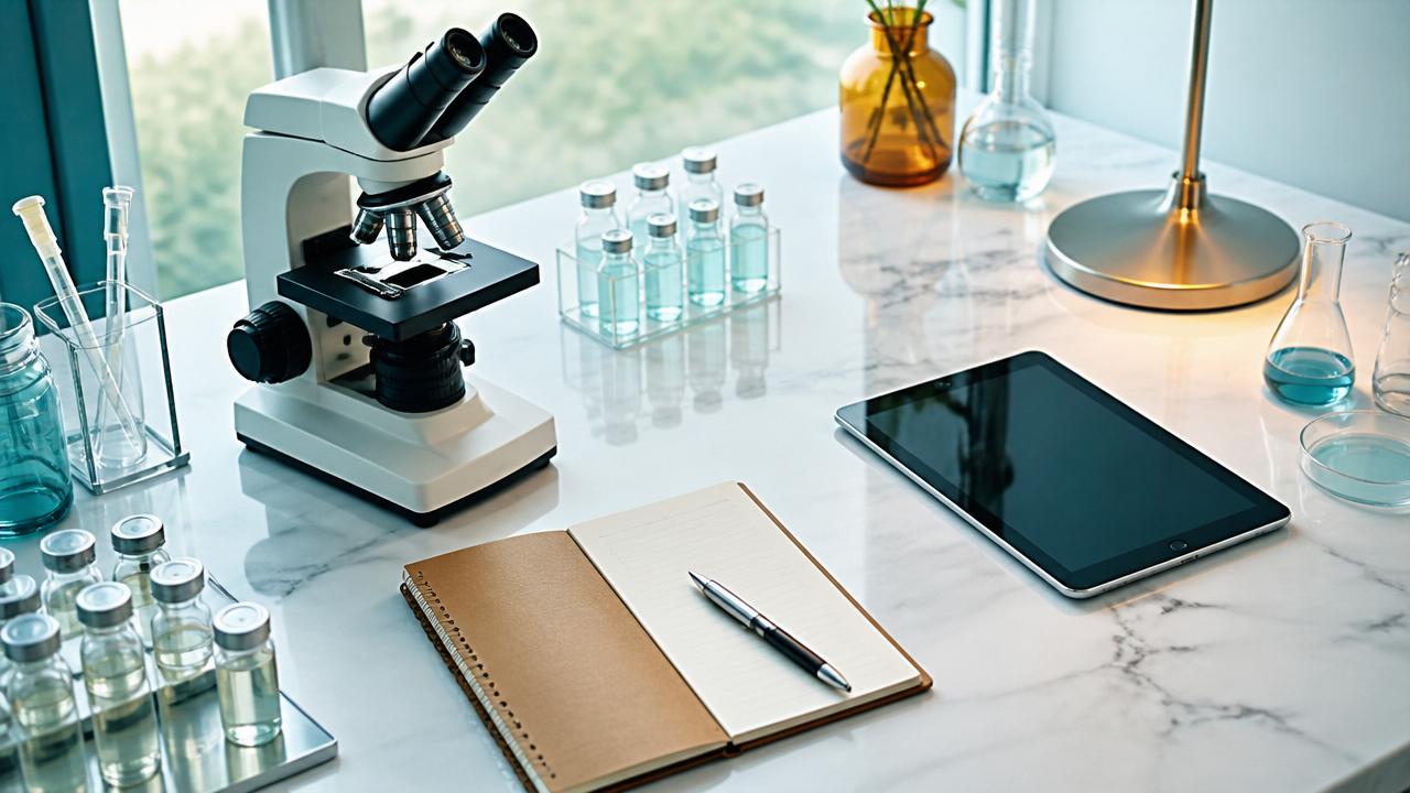 Modern research workspace with glass vials, notebooks, and scientific instruments