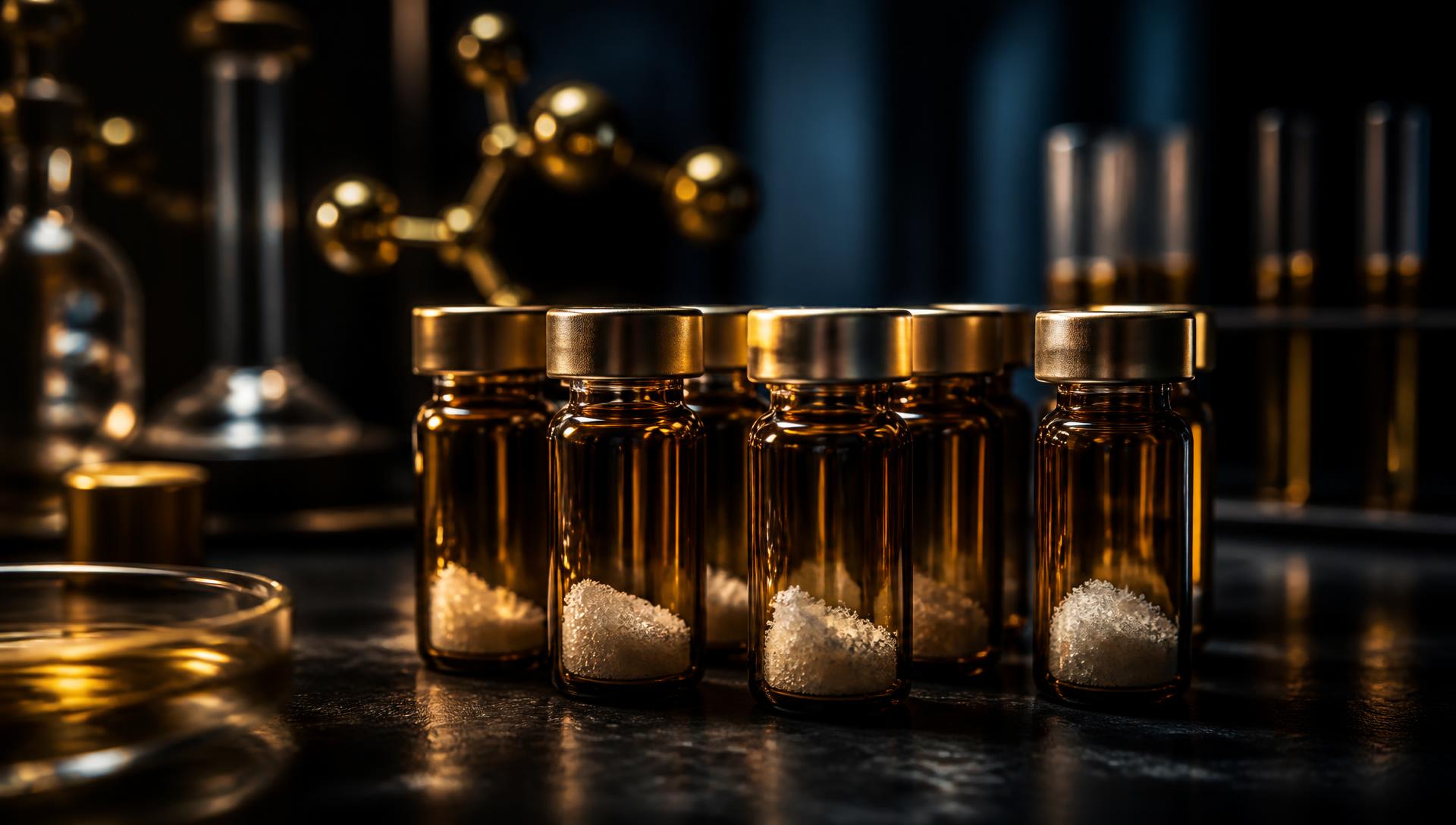 Peptide blend vials on a laboratory surface