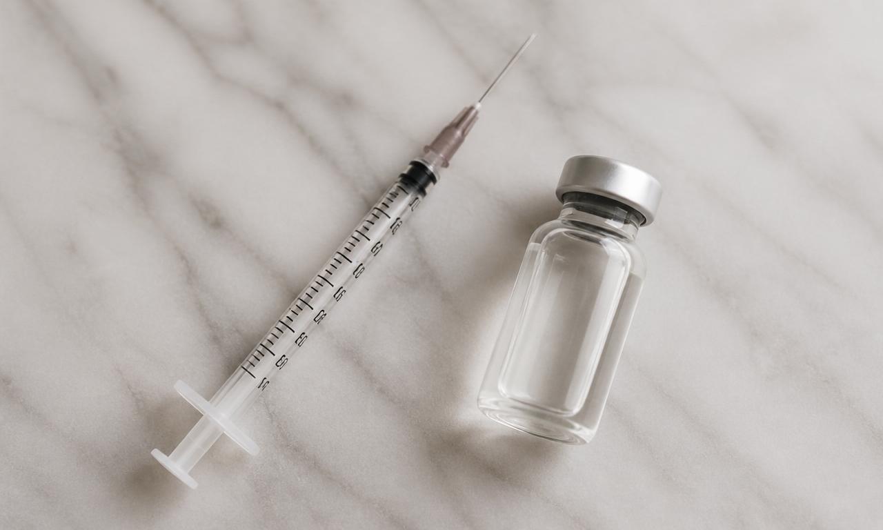 Insulin syringe next to a reconstitution vial