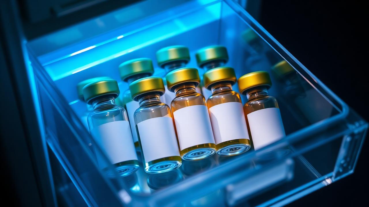 Peptide vials stored neatly in a refrigerator drawer with soft blue lighting