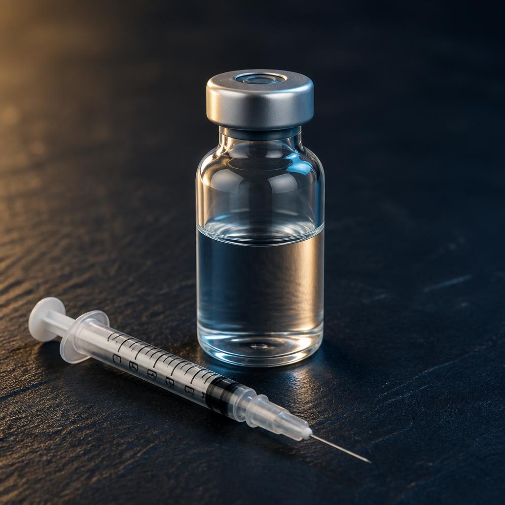 A single peptide vial with an insulin syringe on a dark surface