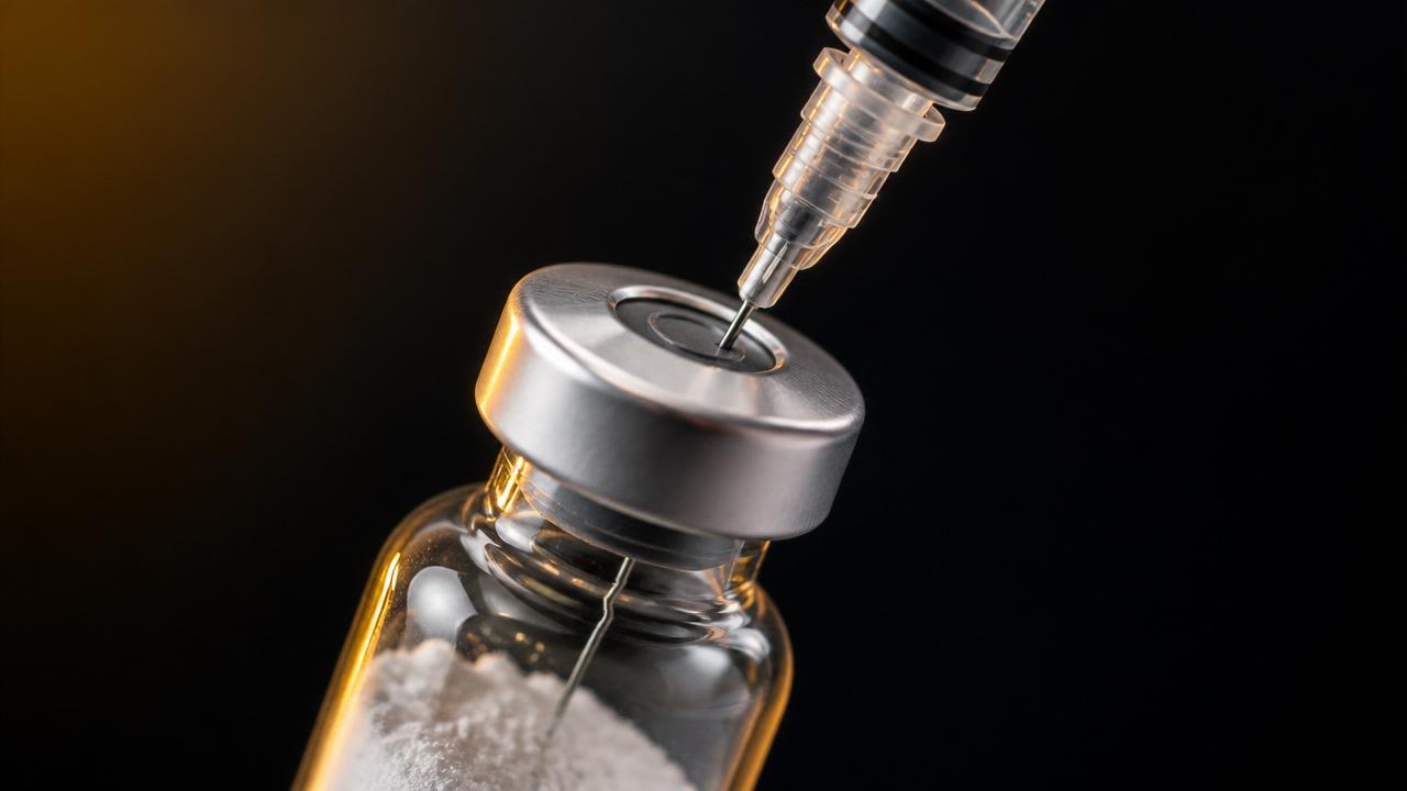 Hands holding a peptide vial and insulin syringe during reconstitution
